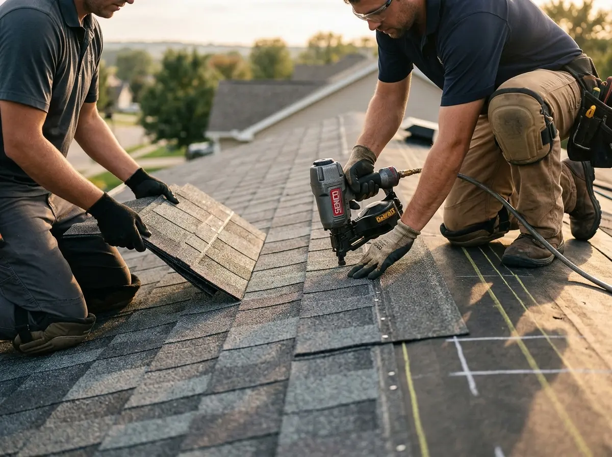 Professional roofer working on a residential roof in Carthage